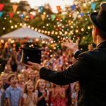 Magicien en plein spectacle devant un public familial lors d’un événement en plein air